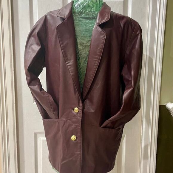 VTG ETIENNE AIGNER COAT BLAZER LEATHER MAROON SZ S OVERSIZED DARK ACADEMIA - Picture 9 of 16